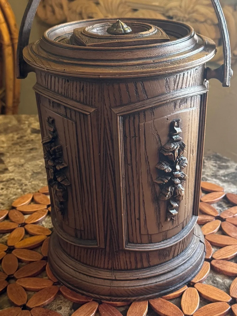 Vintage Faux Bois Floral Ice Bucket 3 Qt MCM Barware